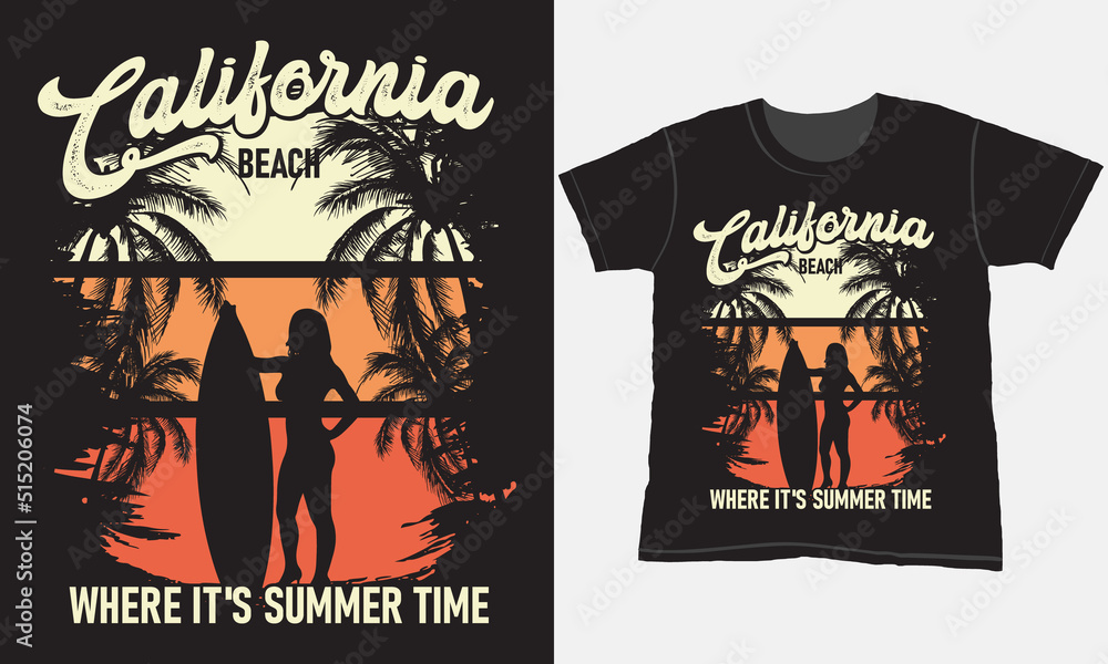 California beach surfer, palm tree hand drawing graphic design vector art and t-shirt design with summer background
