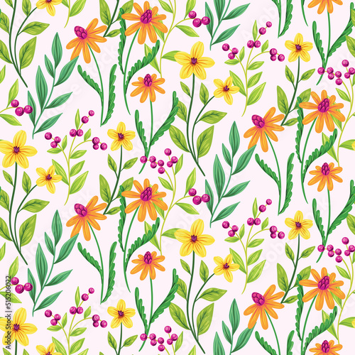 Seamless floral pattern with rustic colorful wildflowers. Fresh ditsy print, pretty botanical background with hand drawn wild plants, different flowers, herbs, leaves. Vector illustration.