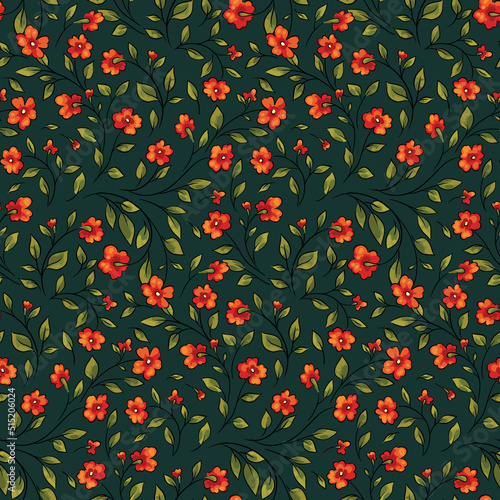 Seamless floral pattern, vintage ditsy print with small red flowers, leaves on tiny twigs. Beautiful botanical background with hand drawn plants, flowers, leaves on a dark field. Vector.