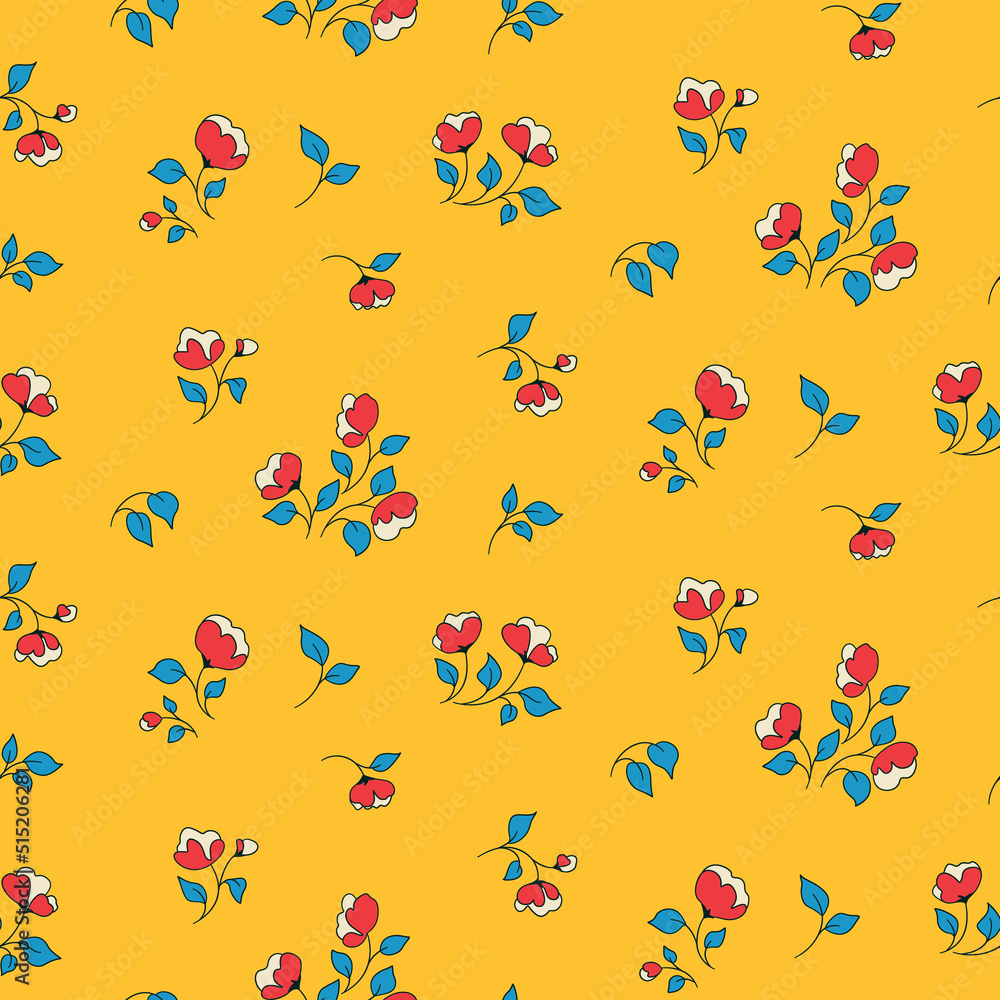 Seamless floral pattern, cute ditsy print in retro style. Pretty botanical background with small flowers, leaves, hand drawn outline plants on a yellow field. Vector illustration.