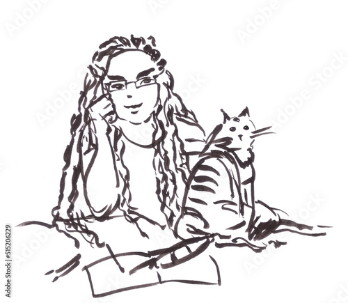 girl at the table and a tabby cat, black and white drawing