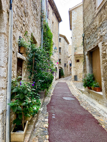 Saint-Paul de Vence, France, October 3, 2021: Street of Saint-Paul-de-Vence, one of the oldest medieval towns on the French Riviera, is well known for its contemporary art museums and galleries.