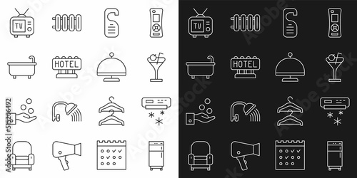Set line Refrigerator, Air conditioner, Martini glass, Please do not disturb, Signboard with text Hotel, Bathtub, Retro tv and Covered tray icon. Vector