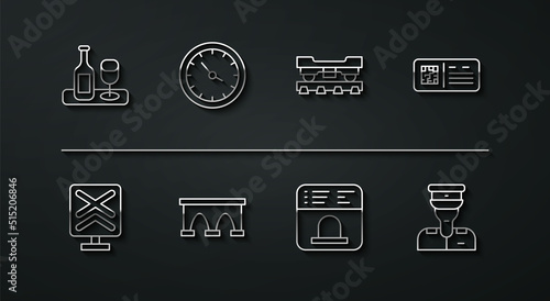 Set line Wine bottle with glass, Railroad crossing, QR code ticket train, Ticket office to buy tickets, Bridge for, Train station clock, conductor and Cargo wagon icon. Vector