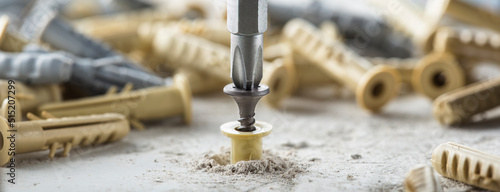 screwdriver screw and dowel in a concrete wall background