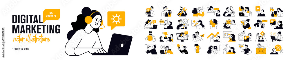 Digital marketing concept illustrations. Set of people vector illustrations in various activities of internet marketing, web and app design and development, seo, social network. - obrazy, fototapety, plakaty 