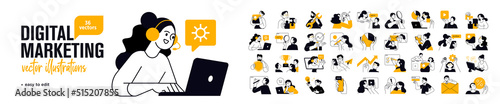 Digital marketing concept illustrations. Set of people vector illustrations in various activities of internet marketing, web and app design and development, seo, social network. © PureSolution