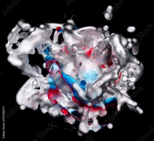 3d render of abstract art of surreal liquid splash substance in curve wavy organic lines forms with small balls drops around in plastic and glass material in blue and purple gradient color on black
