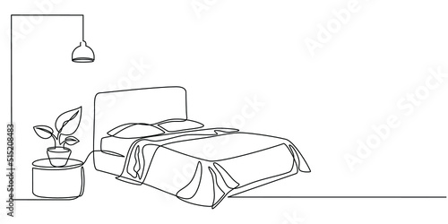 Continuous line drawing of double bed with chandelier and table. Modern loft furniture for the bedroom in a minimalist single-line style. vector illustration in doodle style