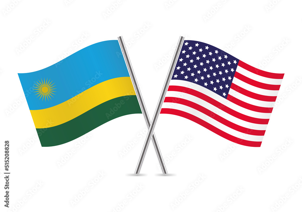 Rwanda and America crossed flags. Rwandan and American flags on white background. Vector icon set. Vector illustration. Rwanda and America crossed flags. Rwandan and American flags on white background. Vector icon set. Vector illustration.