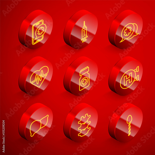 Set line Emergency phone call, Syringe, Dialogue with the doctor, Heart rate, Medicine bottle and pills, Hospital signboard, Human organ liver and spine icon. Vector