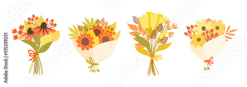 Set of hand-drawn cartoon bouquets with rowan branches and leaves. Pretty floral illustrations for teachers day and other fall holidays. Seasonal design with autumn flowers.