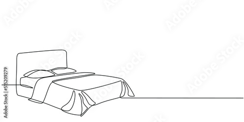 Continuous line drawing of double bed with table and houseplants. Modern loft furniture for the bedroom in a minimalist single-line style. vector illustration in doodle style