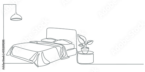 Continuous line drawing of double bed with chandelier and table. Modern loft furniture for the bedroom in a minimalist single-line style. vector illustration in doodle style