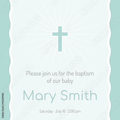 Card baptism with blue cross with radial light