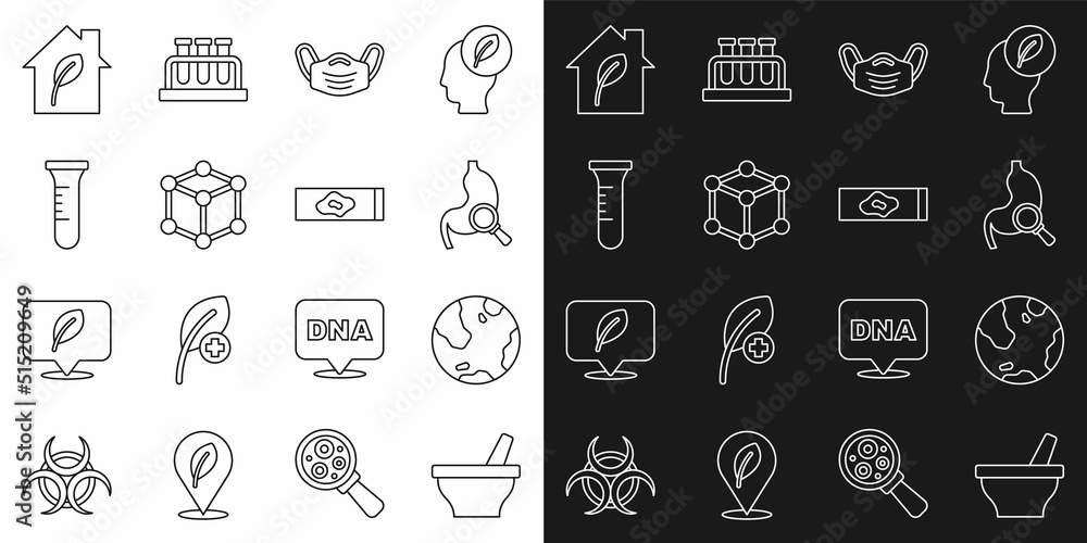 Set line Mortar and pestle, Earth globe, Stomach with magnifying glass, Medical protective mask, Molecule, Test tube flask, Eco friendly house and Blood test virus icon. Vector