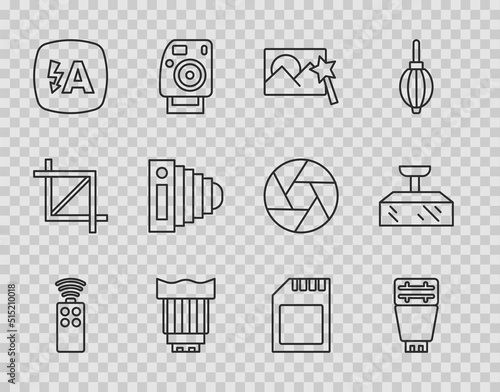 Set line Remote control for camera, Photo flash, retouching, Camera photo lens, Auto, SD card and Softbox light icon. Vector