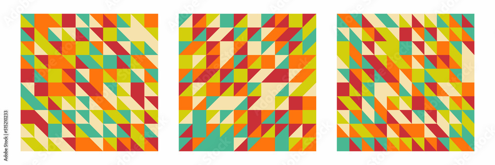 Mid century geometric banner set. Colourful backgrounds in retro style with triangles and rectangles shapes Mid century geometric banner set. Colourful backgrounds in retro style with triangles and rectangles shapes