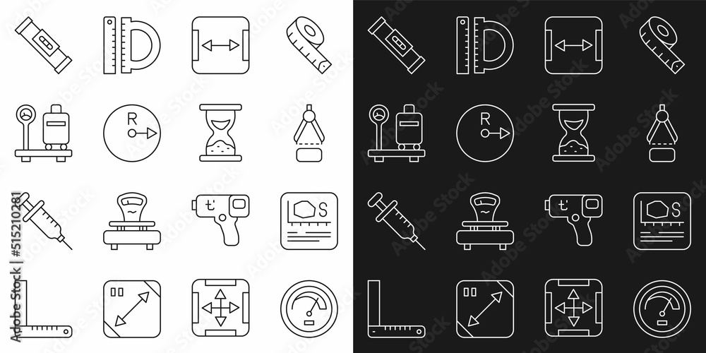 Set line Speedometer, Area measurement, Drawing compass, Radius, Scale with suitcase, Construction bubble level and Old hourglass sand icon. Vector