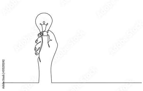 Continuous line drawing of hand holding electric light bulb. Environmental idea metaphor. Light bulb from business idea concept hand holding light bulb in doodle style. Vector illustrations