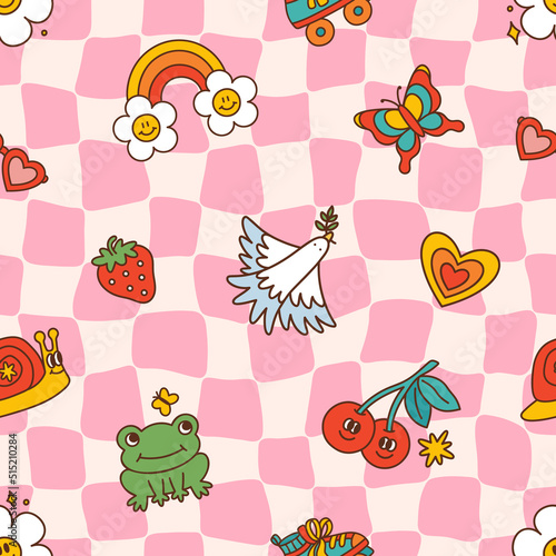 Groovy distorted chessboard background with pink check. Seamless pattern with rainbow, bird of peace, snail, frog, butterfly and other elements. Retro style 60s 70s. Vector illustration.