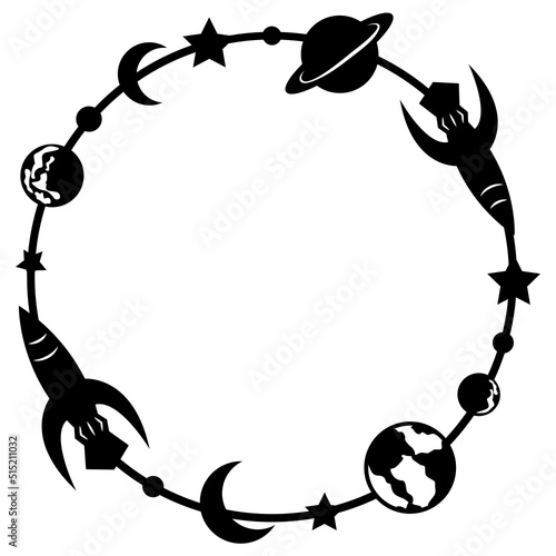 Fototapeta Naklejka Na Ścianę i Meble -  Round monogram frame with palnet, rocked and star. Circle wreath svg