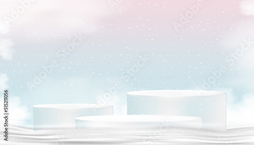 Studio 3D podium on snow floor with pink and blue sky pastel background,Vector backdrop beautiful and luxury banner for Winter holiday card, Christmas sale season, Discount, New Year 2023