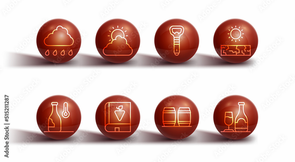 Set line Cloud with rain, Wine temperature, Drought, Wooden barrel for wine, Book about grapes, Sun and cloud weather, bottle glass and Bottle opener icon. Vector Set line Cloud with rain, Wine temperature, Drought, Wooden barrel for wine, Book about grapes, Sun and cloud weather, bottle glass and Bottle opener icon. Vector
