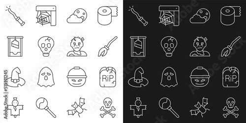 Set line Skull on crossbones, Tombstone with RIP written, Witches broom, Moon and stars, Guillotine, Magic wand and Zombie mask icon. Vector