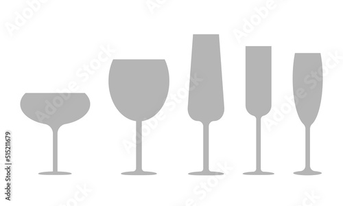 Flat design five wine glass icon set in cartoon style isolated on white background. Wine glass vector black silhouette collection icons.