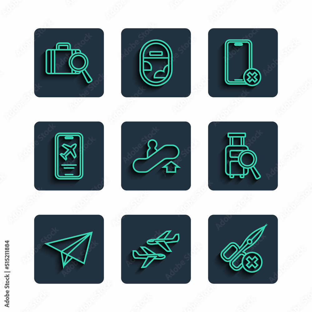 Set line Paper airplane, Plane, No scissors, cell phone, Escalator up, Mobile with ticket, Lost baggage and icon. Vector Set line Paper airplane, Plane, No scissors, cell phone, Escalator up, Mobile with ticket, Lost baggage and icon. Vector