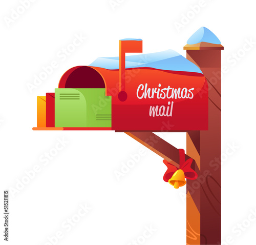 Classic decorative Christmas red Mailbox with Letters. Cartoon vector illustration isolated.