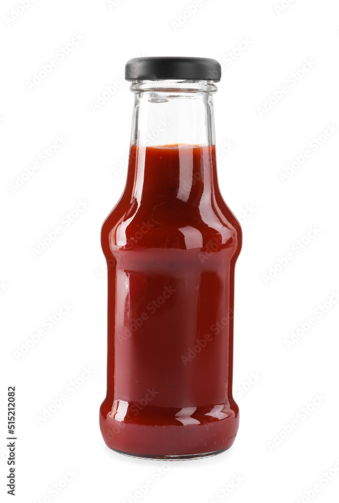 Glass bottle of tasty ketchup isolated on white Glass bottle of tasty ketchup isolated on white