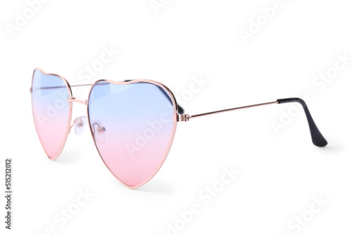 Stylish heart shaped sunglasses isolated on white. Fashion accessory
