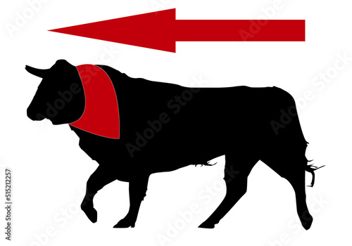 Toro de San Fermín con pañuelo rojo en su cuello y flecha rojo marcando la dirección de los encierros