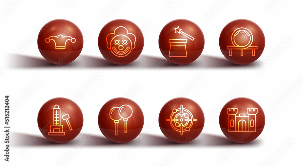 Set line Jester hat with bells, Striker attraction hammer, Roller coaster, Target sport, Balloons ribbon, Clown head, Castle and Magic and wand icon. Vector Set line Jester hat with bells, Striker attraction hammer, Roller coaster, Target sport, Balloons ribbon, Clown head, Castle and Magic and wand icon. Vector