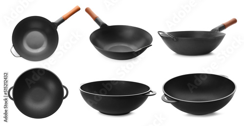 Set with empty woks on white background photo