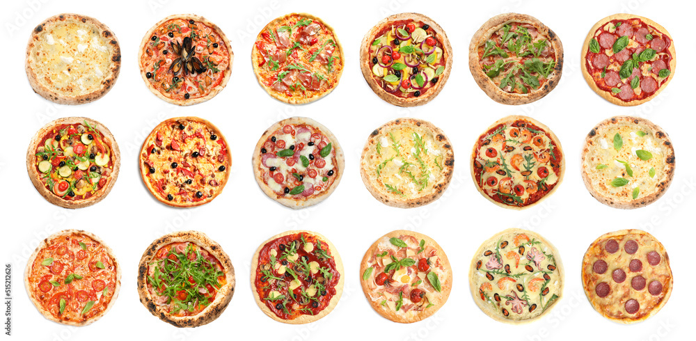 Set with different delicious pizzas on white background, top view. Banner design Set with different delicious pizzas on white background, top view. Banner design