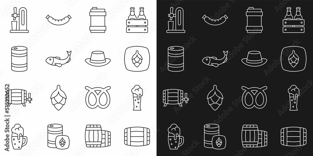 Set line Wooden barrel, Glass of beer, Hop, Metal keg, Dried fish, Beer tap with glass and Oktoberfest hat icon. Vector