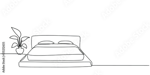 Continuous line drawing of double bed with table and houseplants. Modern loft furniture for the bedroom in a minimalist single-line style. vector illustration in doodle style