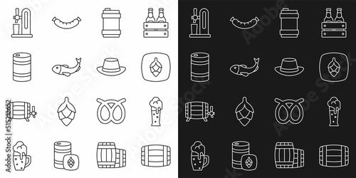 Set line Wooden barrel, Glass of beer, Hop, Metal keg, Dried fish, Beer tap with glass and Oktoberfest hat icon. Vector