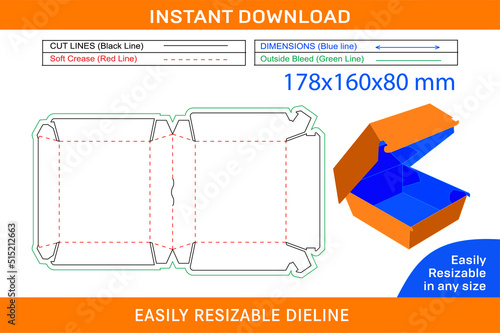 Burger packaging Box or Dinner  178 x 160 x 80 mm box dieline template and 3D box design