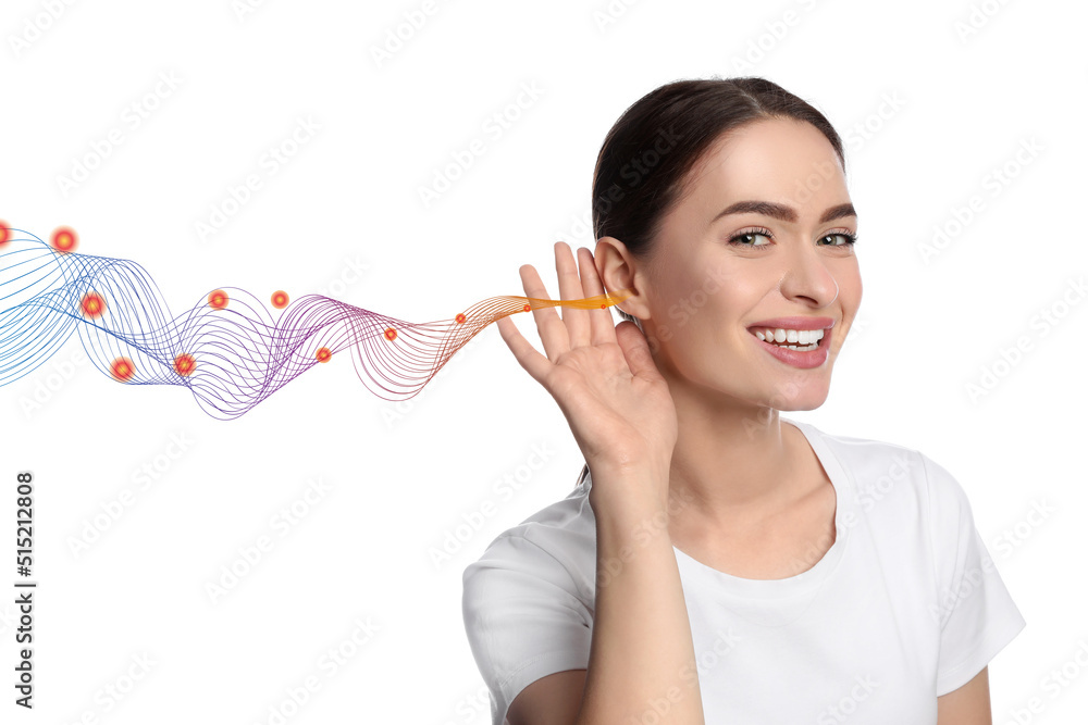 Happy beautiful woman and sound waves illustration on white background. Hearing concept Happy beautiful woman and sound waves illustration on white background. Hearing concept