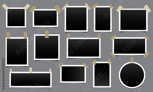 Set of photo frames with adhesive tape. Classic black photo frame. Vector illustration