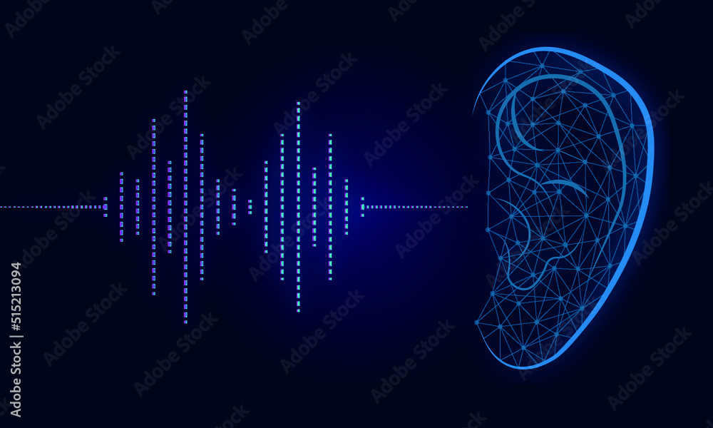 Illustration of human ear and sound wave on dark blue background Stock ...