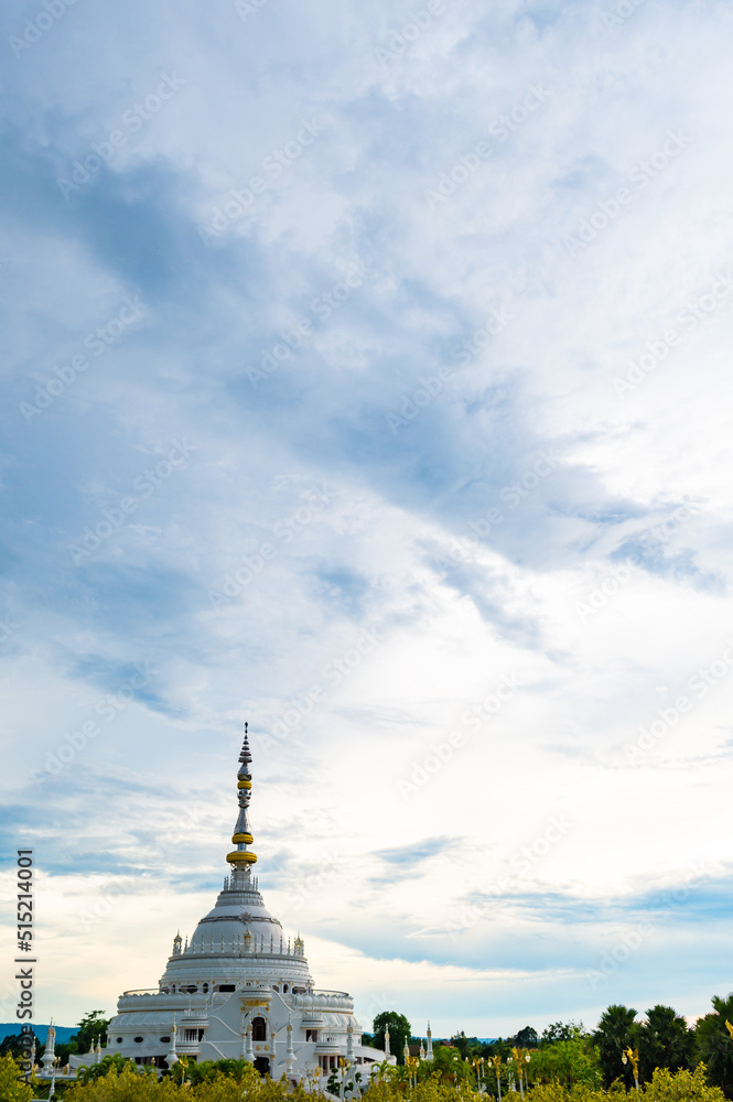 White Pagoda, Wat Saeng Tham, Khao Khiao Palace, clear sky in a sunny afternoon, cloudscape background, spring, low angle view