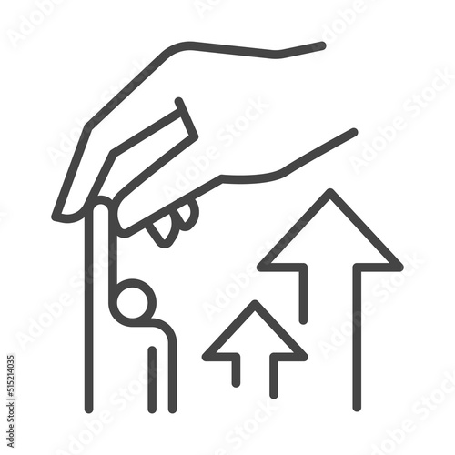 Linear hand of mentor pulling businessperson up near arrows in order to help with career success achievement