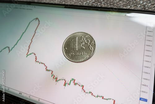 Concept trading on an online currency exchange. graph of the growth and fall of the Russian ruble on the screen and a coin of one ruble. photo