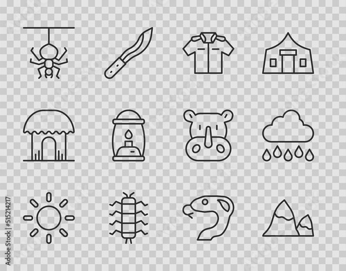 Set line Sun, Mountains, Shirt, Centipede insect, Spider, Camping lantern, Snake and Cloud with rain icon. Vector