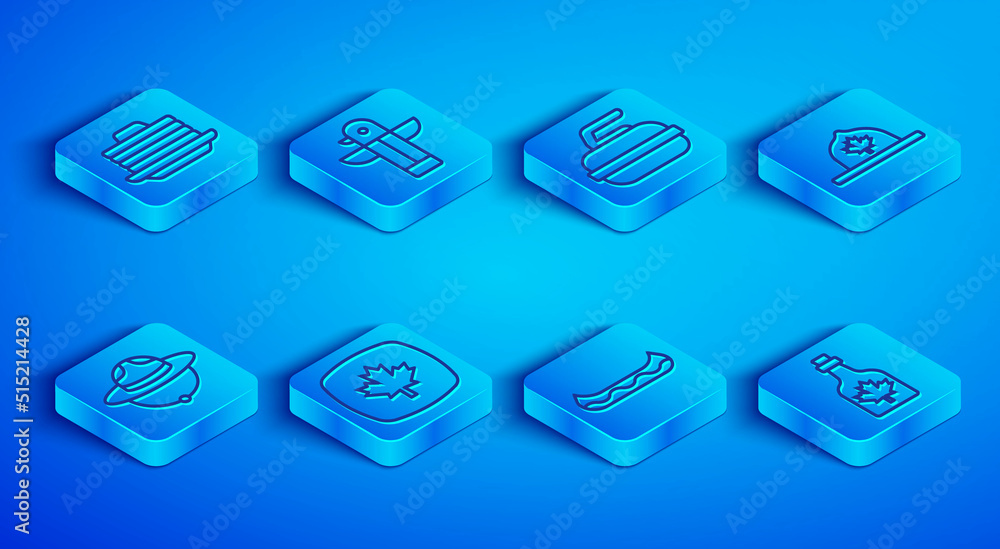 Set line Stack of pancakes, Canadian totem pole, Stone for curling, maple leaf, Kayak, ranger hat, and Bottle syrup icon. Vector Set line Stack of pancakes, Canadian totem pole, Stone for curling, maple leaf, Kayak, ranger hat, and Bottle syrup icon. Vector
